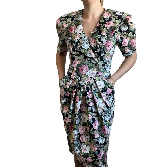Jessica Howard 80s Dark Floral Secretary Boho Prairie Retro Mini Dress Sz M - Picture 2 of 11